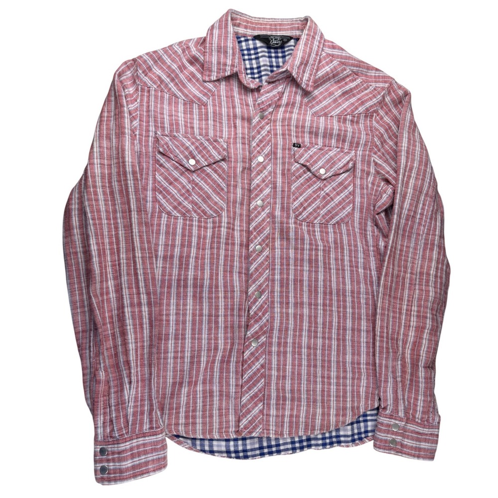 Salt Valley Western Mens Red‎ Striped Pearl Snap Shirt Medium Cotton Long Sleeve